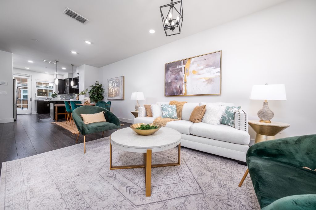 Living Room with with white couch in the Bay Meadows neighborhood at 2933 Baze Road in San Mateo.